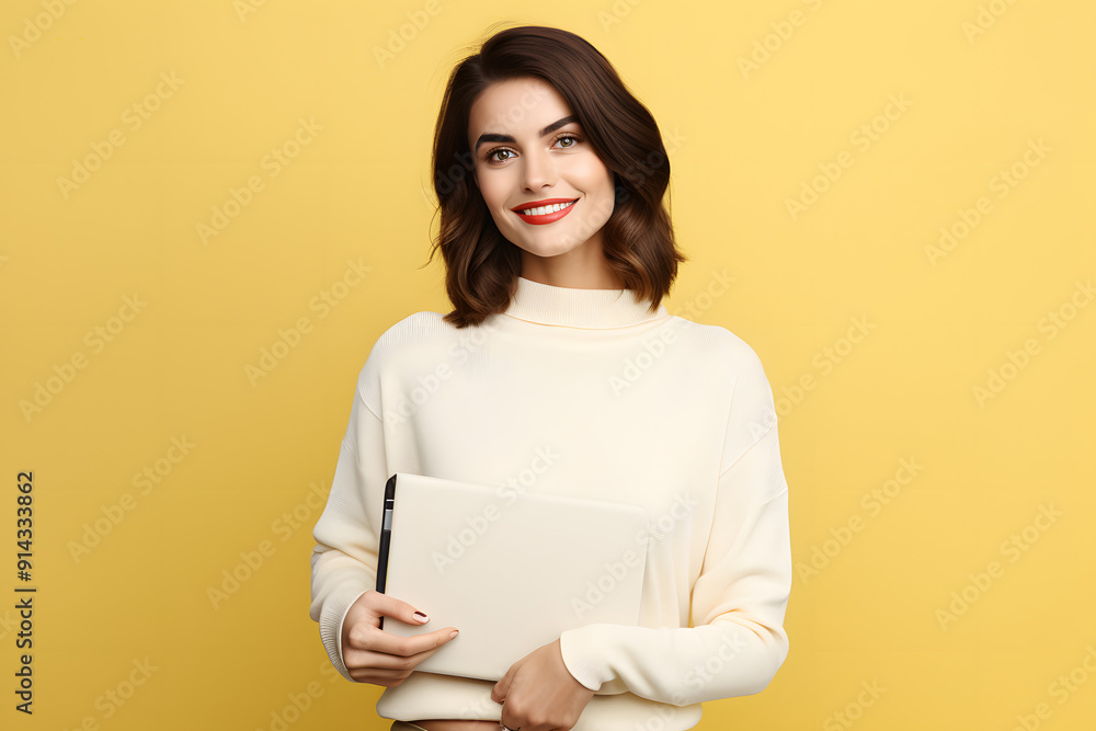 woman holding laptop looking into the camera over yellow background woman holding laptop looking into the camera over yellow background