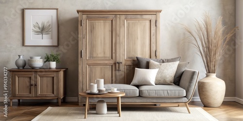 Cozy living room with a wooden cabinet and a gray sofa.