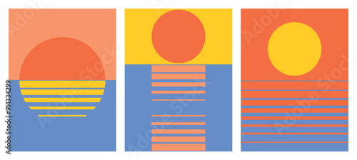 Set of 3 posters design in trendy 1970s retro line style. The sea sunset poster. Modern art poster retro vintage style 70s stripes background template lines shapes vector design