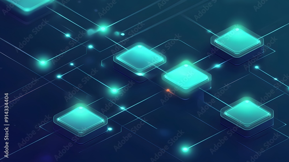 Obraz premium Futuristic digital blockchain concept with glowing blocks connected by lines, representing secure decentralized information storage.