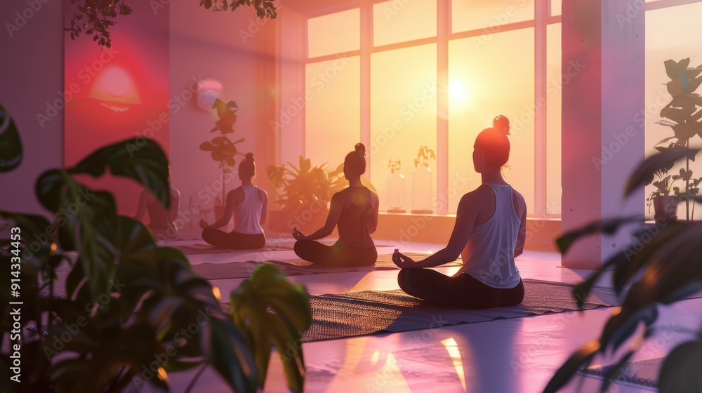 Three women meditate in a peaceful setting, bathed in the soft glow of the setting sun. Three women meditate in a peaceful setting, bathed in the soft glow of the setting sun.