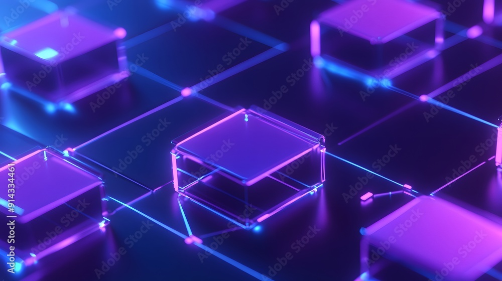 Futuristic digital blockchain technology concept with glowing neon-colored cubes connected in a network on a dark background. Futuristic digital blockchain technology concept with glowing neon-colored cubes connected in a network on a dark background.