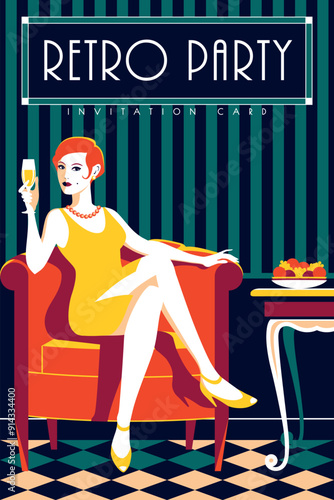 Fashionable girl with a glass of wine sitting in a chair at a bar during a Friday party. Handmade drawing vector illustration. Pop art 1960s 1970s retro style invitation card poster.