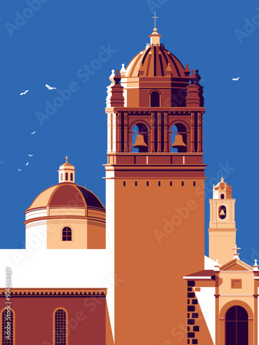 Historic catholic cathedral with bell tower. Handmade drawing vector illustration. Retro style pop art Peru Cusco travel poster.