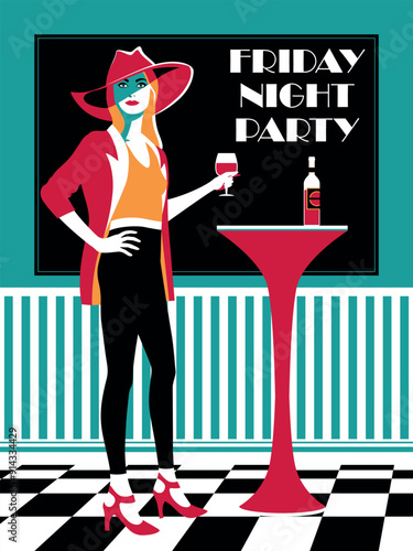 Fashionable girl with a glass of wine at the table with a bottle at the bar during a Friday party. Handmade drawing vector illustration. Pop art 1960s 1970s retro style invitation card poster.