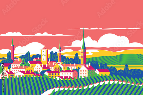 Romantic landscape in sunny day with vineyards, small town, meadows, fields and trees in the background. Handmade drawing vector illustration. Flat design.
