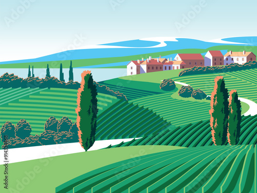 Romantic rural landscape in sunny day with vineyards, farms, meadows, fields and trees in the background. Handmade drawing vector illustration. Flat design.