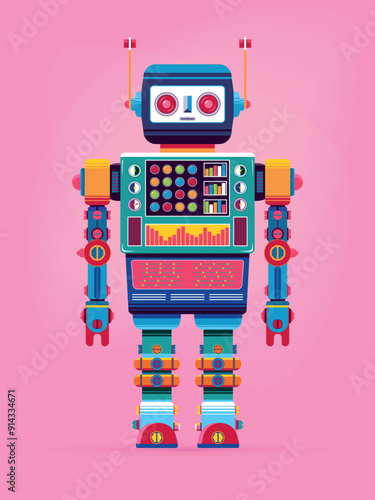 Retro robot vintage toy. Robot vector illustration in flat style design. Vintage tin robot toy on a pink background.