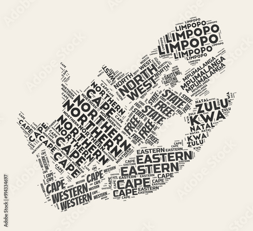South Africa word cloud. Country with regions division. South Africa typographic text clouds vector image design. Vintage gazette style country shape image. Beautiful vector illustration.