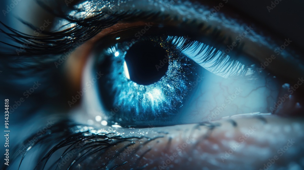 Close-up of a Glittering Blue Eye with Eyelashes Close-up of a Glittering Blue Eye with Eyelashes