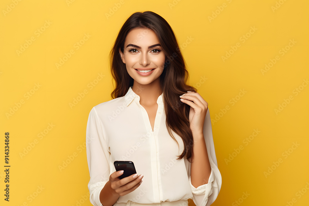beautiful woman using phone smiling looking into the camera over yellow background beautiful woman using phone smiling looking into the camera over yellow background