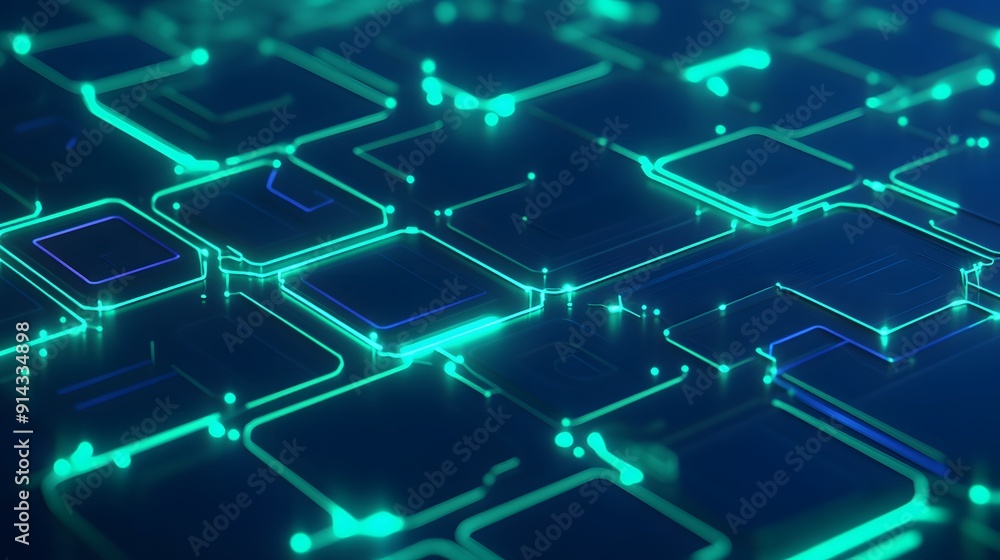 Obraz premium Futuristic digital pattern with glowing neon squares representing technology, data, and network concepts in a modern abstract background.