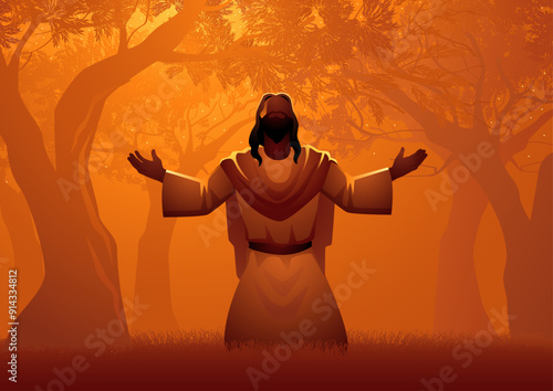 Jesus in prayer amongst the ancient olive trees of Gethsemane. Dramatic imagery captures the solemnity and serenity of this sacred moment, as Jesus prepares for the trials that lie ahead