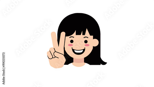 A cheerful illustration of a girl with a big smile, flashing a peace sign, radiating positivity, happiness, and a playful vibe.