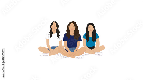 An illustration of three young women sitting cross-legged together, symbolizing friendship, unity, and a relaxed, casual connection in a minimalist style.