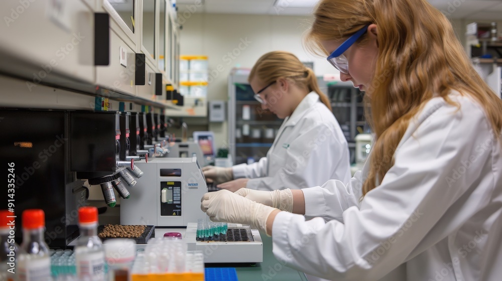Two female scientists in lab coats work on a scientific experiment in a laboratory. They are wearing safety glasses and gloves. Two female scientists in lab coats work on a scientific experiment in a laboratory. They are wearing safety glasses and gloves.