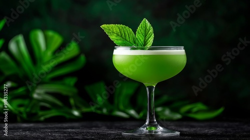 A refreshing green cocktail garnished with mint leaves, perfect for exotic themes and summer parties. photo