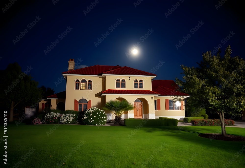 Fototapeta premium A large two-story Victorian-style house with a wrap-around porch, dormers, and multiple chimneys surrounded by trees and a well-manicured lawn