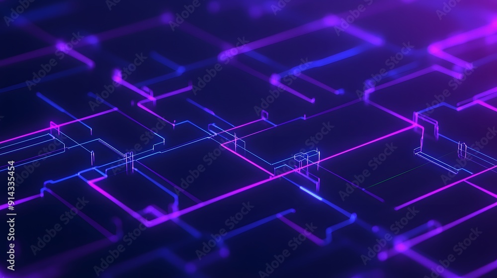 Obraz premium Futuristic neon glowing circuit board design in deep blue and purple hues, showcasing a digital technology concept.