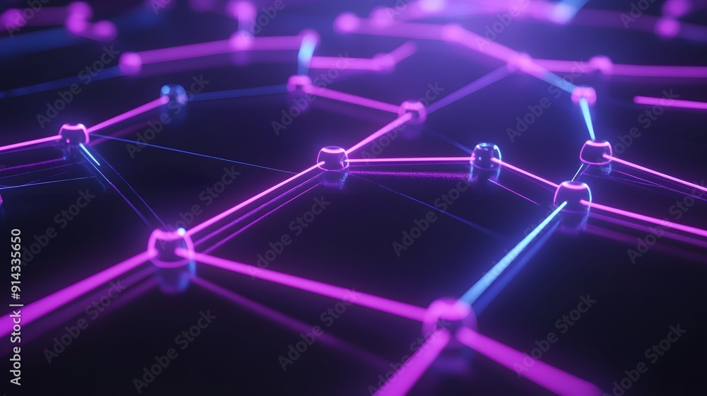 Obraz premium Futuristic neon network with interconnected nodes and lines, representing data flow and digital connectivity on a dark background.