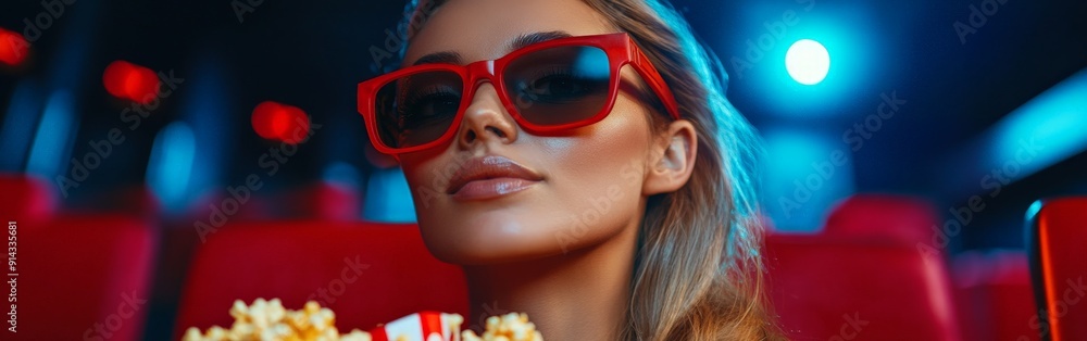 Woman Enjoys Movie Alone in Dark Cinema Woman Enjoys Movie Alone in Dark Cinema