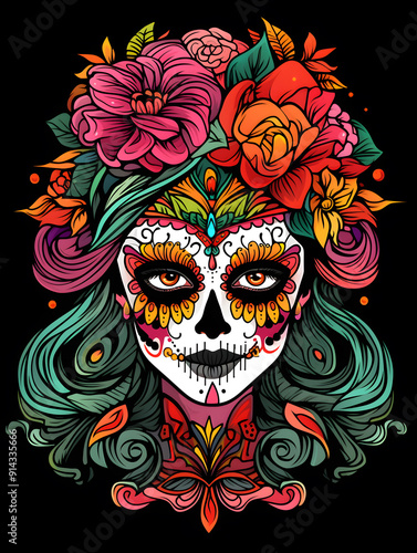 Day of the Dead Womans Head art nouveau illustration