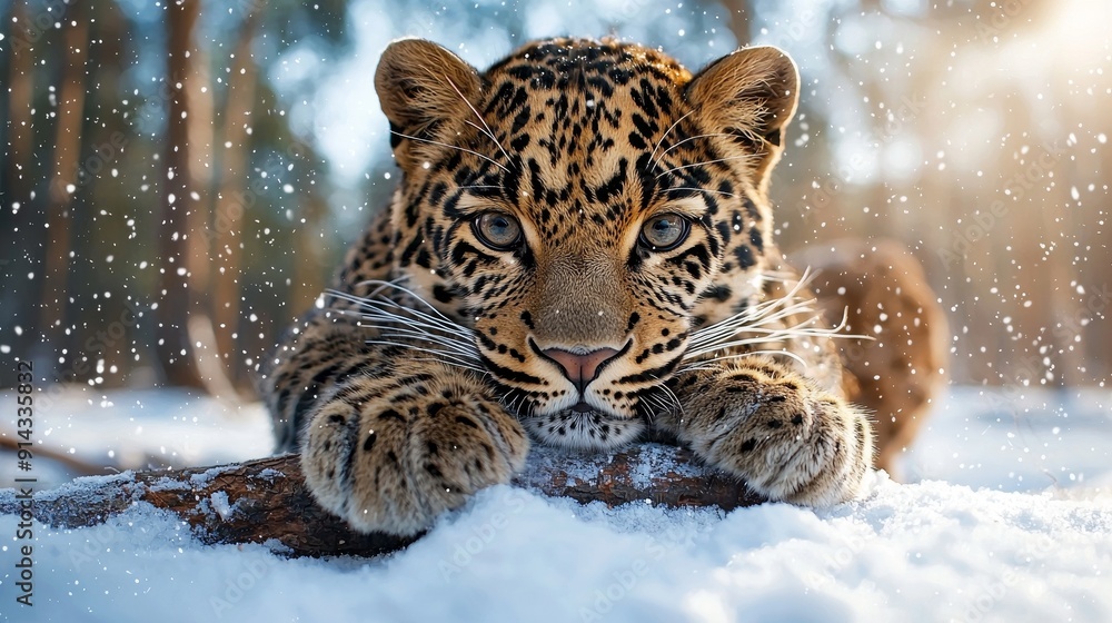 Obraz premium A serene leopard resting in the snow, showcasing its beautiful spot patterns under a snowy backdrop in a tranquil forest setting.