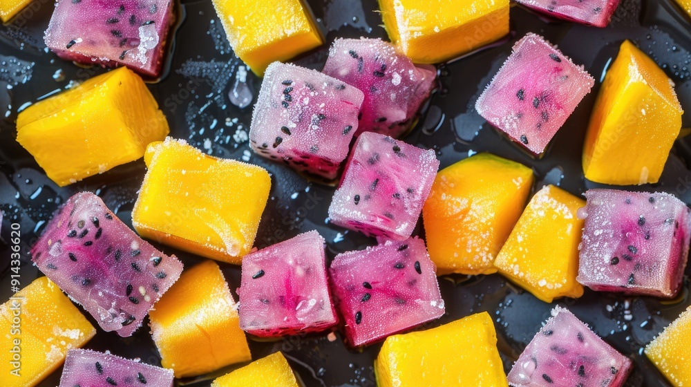 A close-up of colorful dragon fruit and mango ice cubes A close-up of colorful dragon fruit and mango ice cubes
