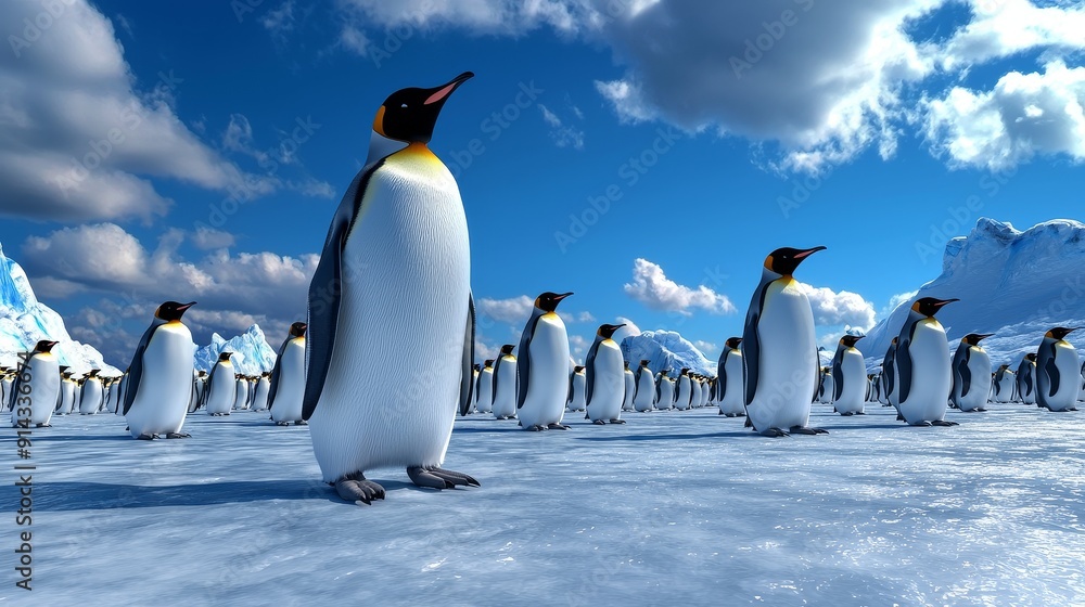 Obraz premium A stunning, high-quality image of penguins gathered on icy terrain, showcasing their unique features in a beautiful snowy landscape.