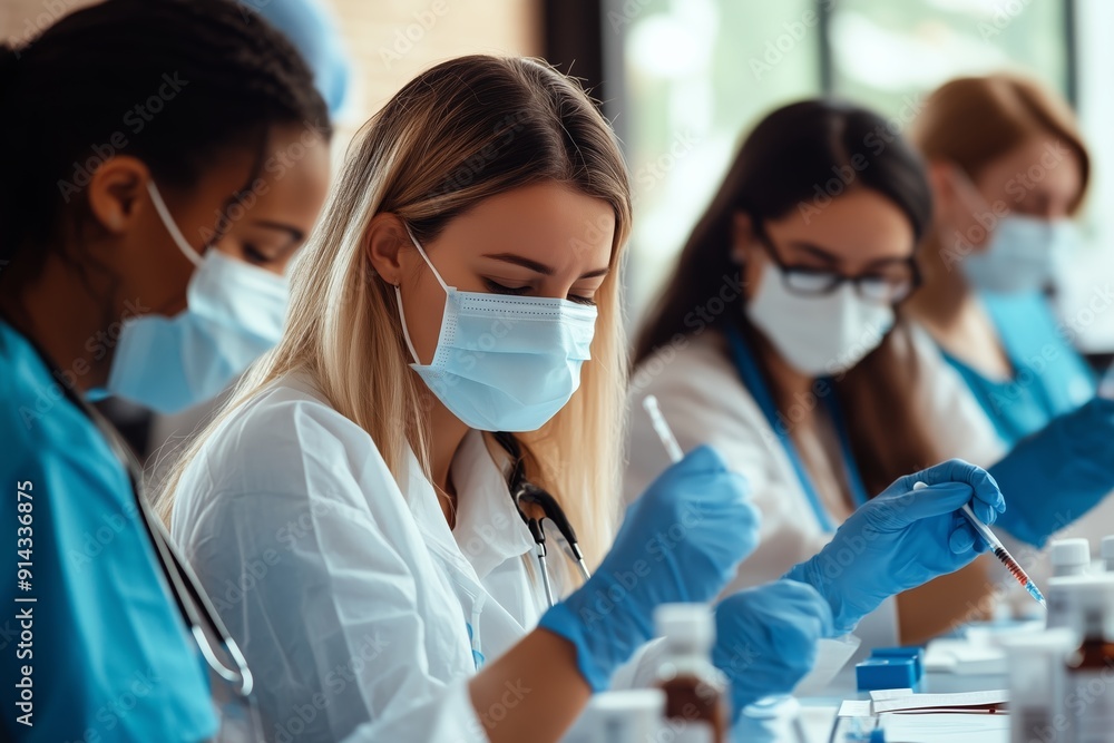 Healthcare Students Engaged in Laboratory Experiments With Safety Gear in Classroom Setting Healthcare Students Engaged in Laboratory Experiments With Safety Gear in Classroom Setting