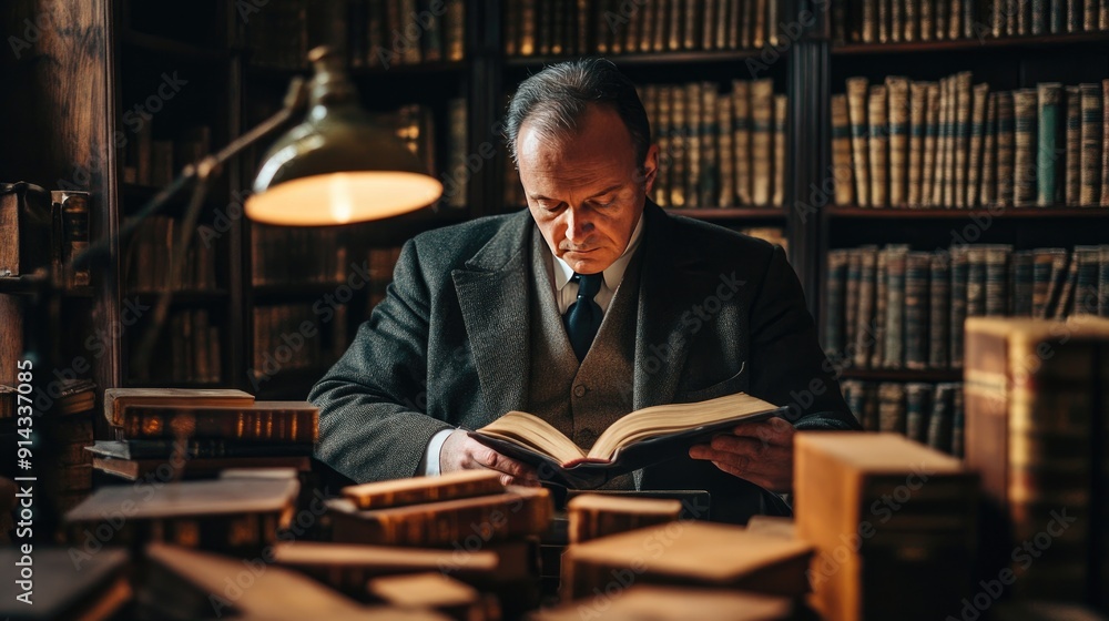 A Man Reading a Book in a Library A Man Reading a Book in a Library