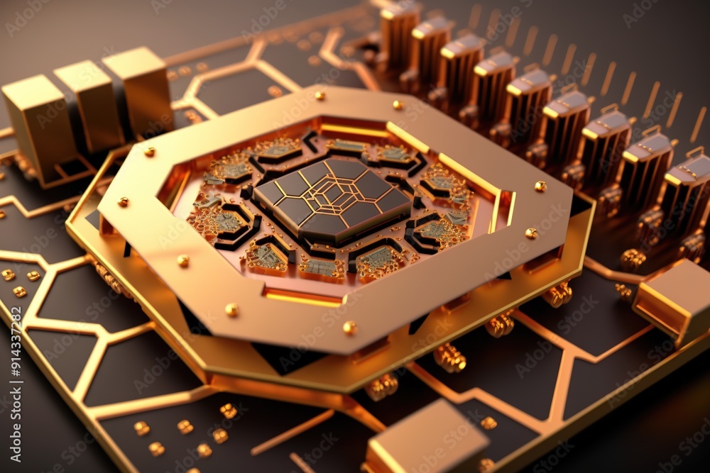 Close-up of a gold circuit board with a central processor. Close-up of a gold circuit board with a central processor.