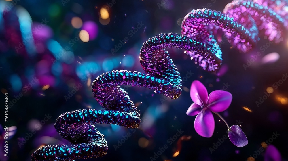 A vibrant and intricate representation of a DNA helix intertwined with a beautiful purple flower, symbolizing life and nature. A vibrant and intricate representation of a DNA helix intertwined with a beautiful purple flower, symbolizing life and nature.