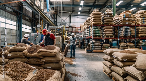 Workers in a large warehouse, sorting and packing sacks of coffee beans. photo