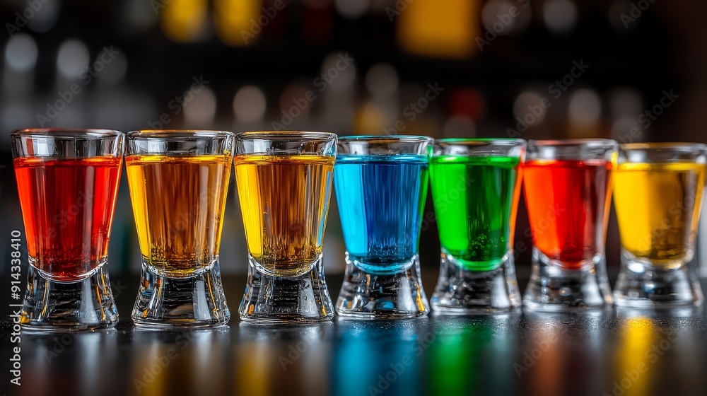 A vibrant display of colorful shot glasses filled with various drinks, perfect for a festive celebration or nightlife theme. A vibrant display of colorful shot glasses filled with various drinks, perfect for a festive celebration or nightlife theme.