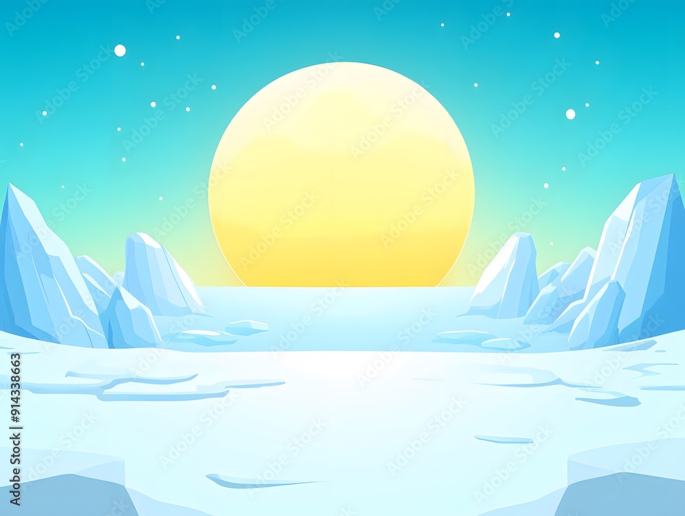 A vast, icy landscape under a bright, yellow sun. The mountains in the distance are covered in snow. The sky is a beautiful blue with white stars. A vast, icy landscape under a bright, yellow sun. The mountains in the distance are covered in snow. The sky is a beautiful blue with white stars.