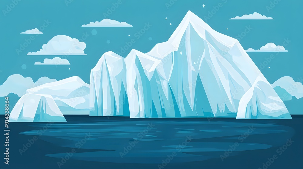 A towering iceberg rises from the ocean, with smaller icebergs in the foreground. Clouds drift overhead. A towering iceberg rises from the ocean, with smaller icebergs in the foreground. Clouds drift overhead.