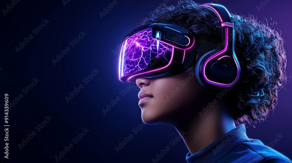 A young person immersed in virtual reality, wearing VR headset and headphones, with vibrant neon lights accentuating a modern experience. A young person immersed in virtual reality, wearing VR headset and headphones, with vibrant neon lights accentuating a modern experience.