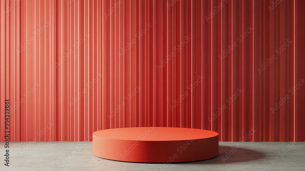 Minimalist Red Platform on a Striped Wall Background - A Modern and Elegant Design for Product Displays. Minimalist Red Platform on a Striped Wall Background - A Modern and Elegant Design for Product Displays.