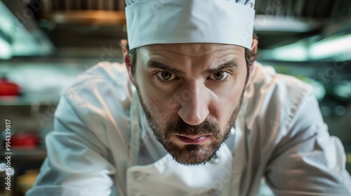 Intense Gaze of a Chef in a Busy Kitchen