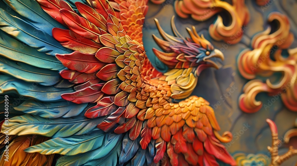Naklejka premium Close Up of a Phoenix with Red and Gold Feathers