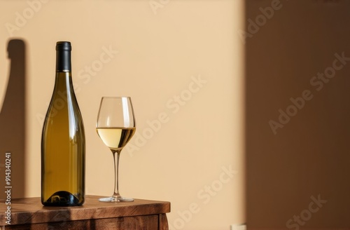 Bottle and wineglass with white wine on table