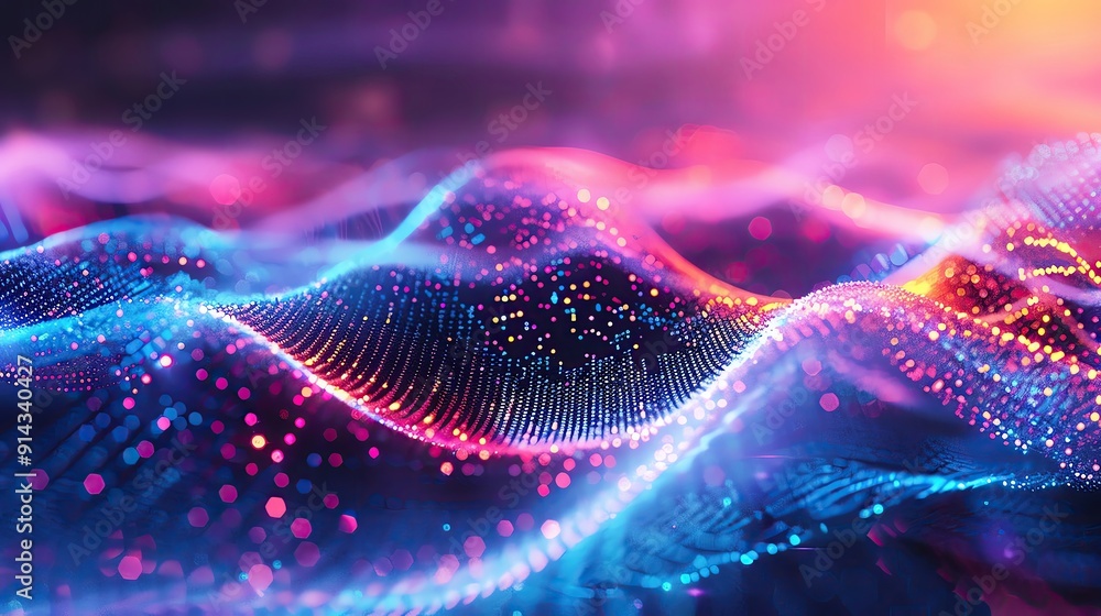 A vibrant, abstract representation of waves with glowing particles in shades of blue and pink, creating a dynamic digital landscape. A vibrant, abstract representation of waves with glowing particles in shades of blue and pink, creating a dynamic digital landscape.