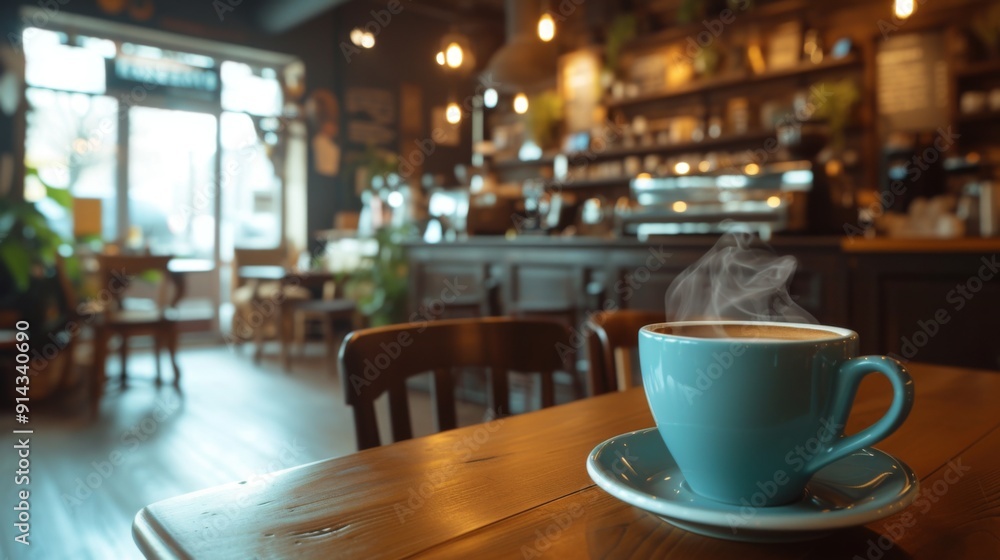 Steaming cup of coffee placed on a wooden table inside a cozy coffee shop Steaming cup of coffee placed on a wooden table inside a cozy coffee shop
