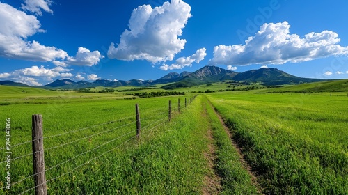 Breathtaking landscape with vibrant green grass, a picturesque path, and majestic mountains under a clear blue sky with fluffy clouds. photo