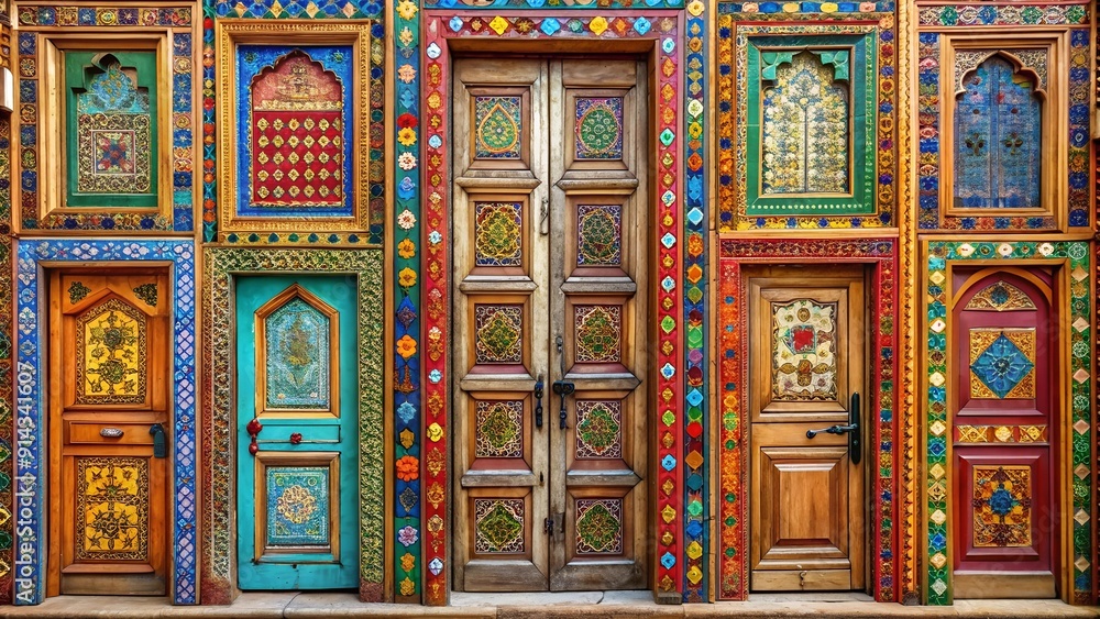 A vibrant collection of doors, each representing a different world culture, standing side by side as a testam Generative AI A vibrant collection of doors, each representing a different world culture, standing side by side as a testam Generative AI