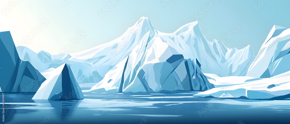 Frozen landscape with icy mountains and a serene blue lake. Frozen landscape with icy mountains and a serene blue lake.
