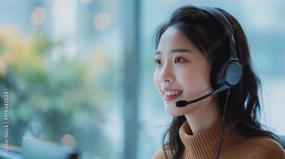 Asian woman wearing a headset, working as a customer service operator Asian woman wearing a headset, working as a customer service operator