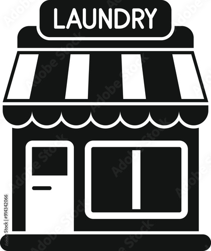 Simple icon of a laundry shop building with striped awning and large window