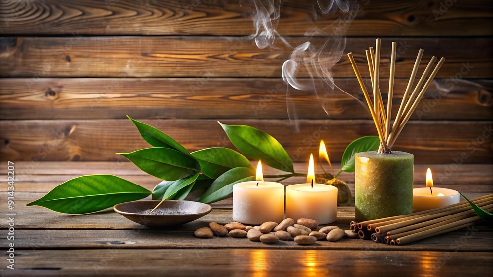 Embrace Inner Peace with a Serene Meditation Setting: Joss Sticks, Candlelight, Stones, and Fresh Leaves on Wood AI generated Embrace Inner Peace with a Serene Meditation Setting: Joss Sticks, Candlelight, Stones, and Fresh Leaves on Wood AI generated